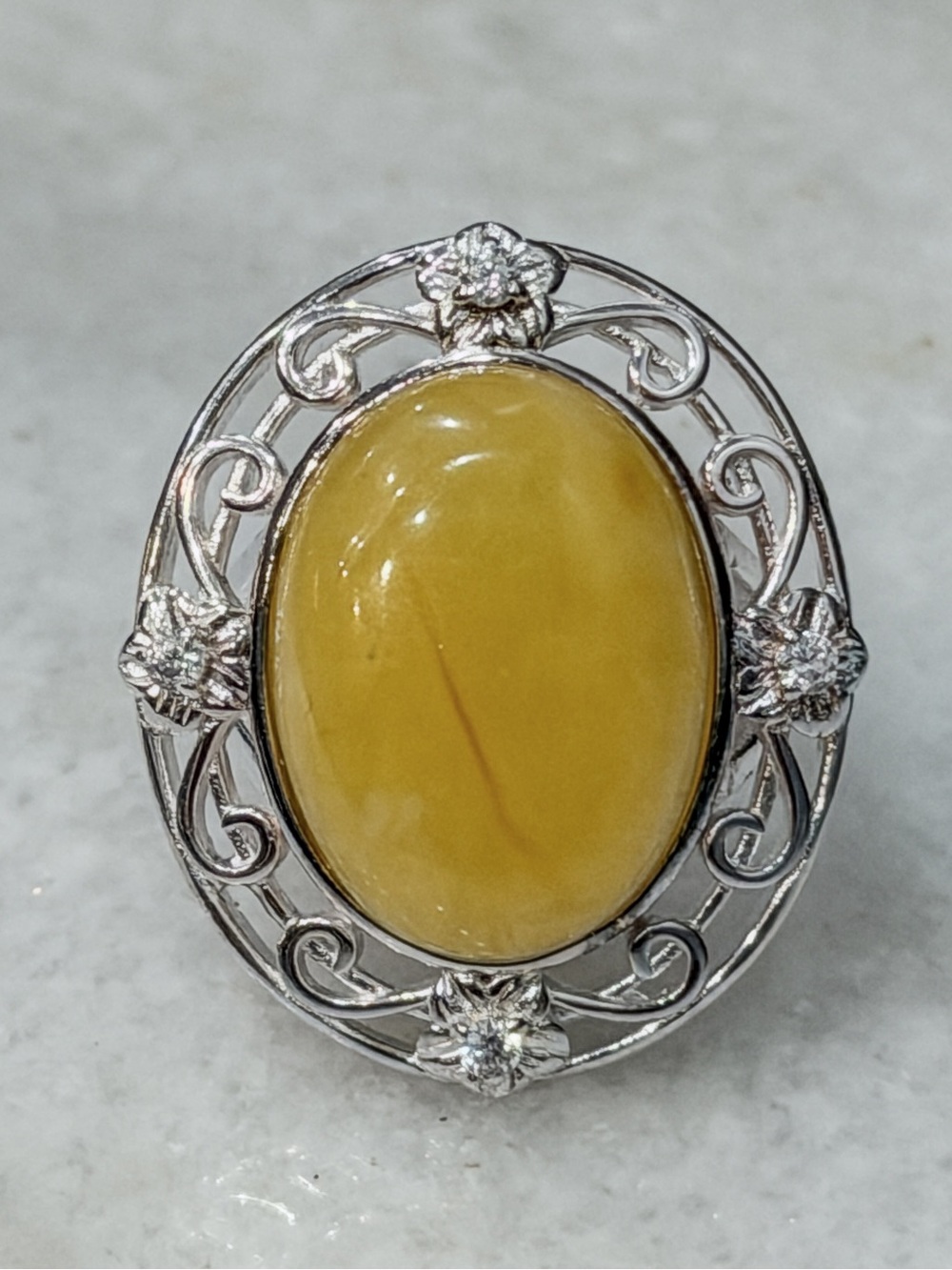 Butterscotch Amber & Diamond (Sim) Sterling Silver Openwork Ring Sz 7